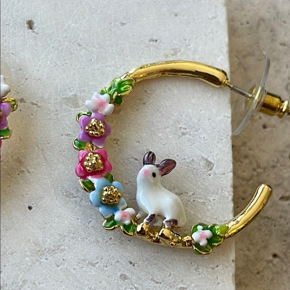 Les NEREIDES Gold Hoop Earrings with Bunny and Floral Accents - Picture 2 of 5